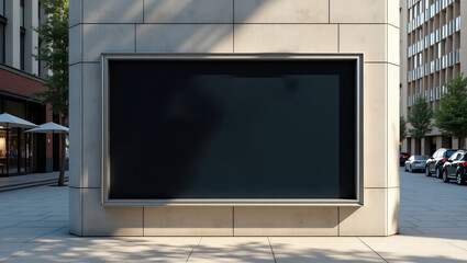 Fototapeta premium Large rectangular black digital billboard mounted on a textured concrete wall in a city center