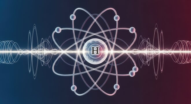 Hydrogen Atom Model With Electron Orbitals and Wave Function Diagram
