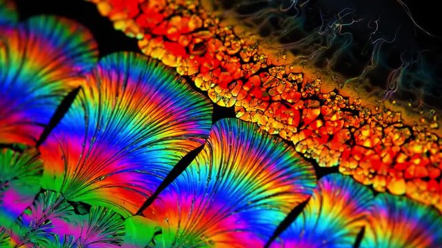  Liquid crystal domains forming under thermal gradient, iridescent rainbow colors, ordered microscopic structures, materials science