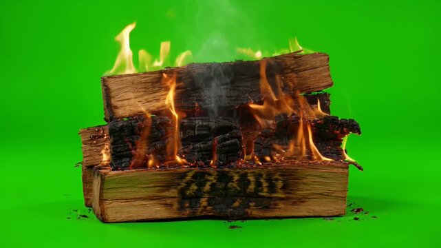Stack of Firewood Logs Burning with Flames and Ash on Green Screen Loop