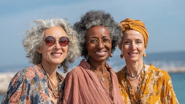 Three mature diverse women wearing colorful bohemian clothing and stylish glasses smiling together while standing outside during a bright day