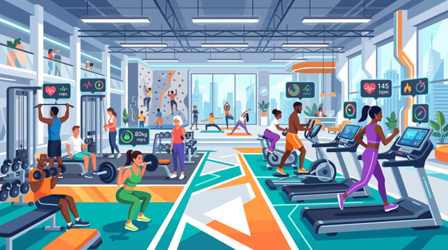 A vibrant, modern fitness center filled with diverse individuals actively engaging in various exercises, promoting health and wellness.