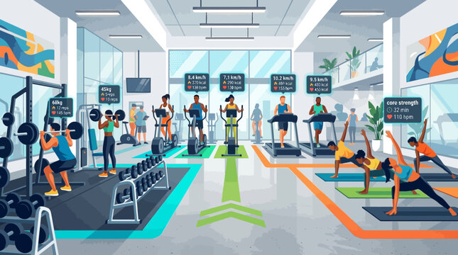 A modern gym interior bustling with individuals actively engaged in various fitness activities, from weightlifting to cardio and yoga, promoting health and wellness.