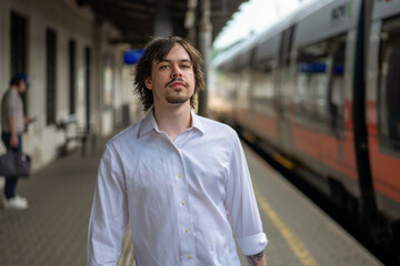 Fototapeta premium Portrait of serious young man at station near passenger train.