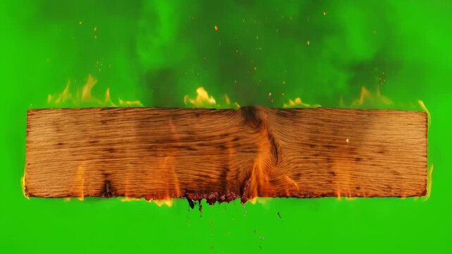 Wooden Plank Burning with Smoke and Embers on Green Screen Loop