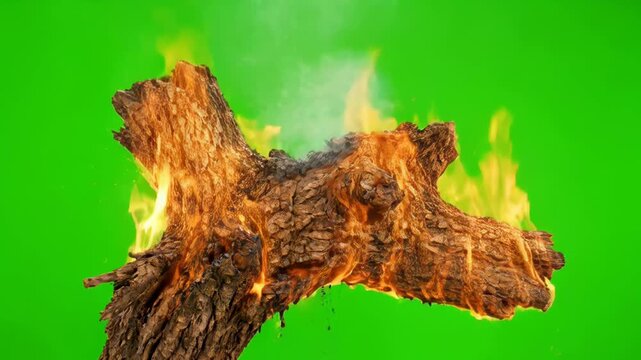 Tree Branch Burning with Flames on Green Screen Loop