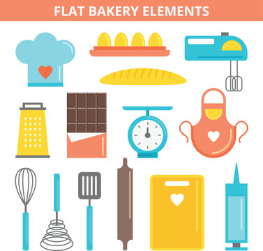 Homemade dessert cafe menu elements pack including pretzel cookie muffin bread baguette and strawberry vector