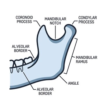 Detailed anatomical diagram of human mandible bone.