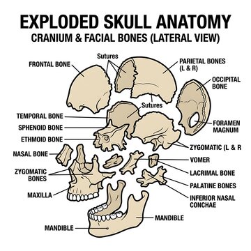 Exploded anatomical diagram of human skull bones lateral view.