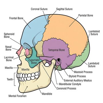 Detailed diagram of human skull bone structure.