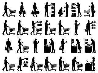 Supermarket Shopping Silhouettes: People with Carts & Shelves © KunFhayakun
