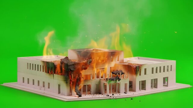 Modern Building Maquette Burning with Flames and Sparks on Green Screen Loop