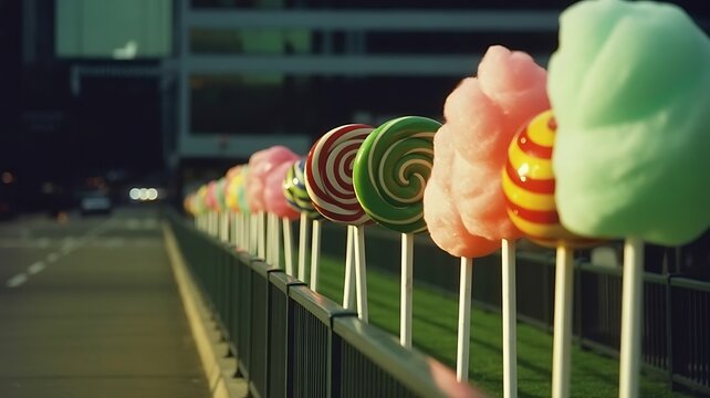 oversized lollipops, candy canes, and gumdrops lining the path, soft pastel-colored cotton candy clouds floating in the sky 