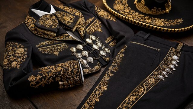 charro. A lavish Charro suit with gold embroidery, jacket, trousers, and sombrero. event programs, museum guides, designed for cultural heritage projects and event programs, preserves heritage.
