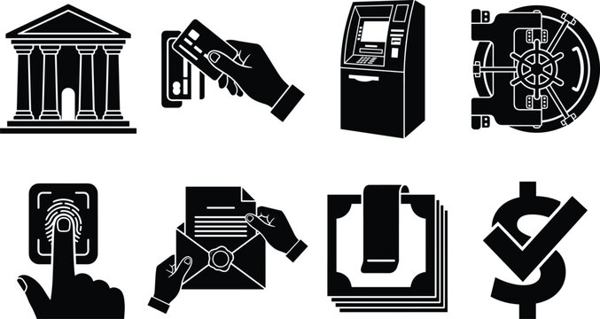 Black silhouette banking and finance icon set with ATM, vault, credit card, and biometric security