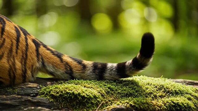 Detailed tiger tail resting on mossy log in forest.