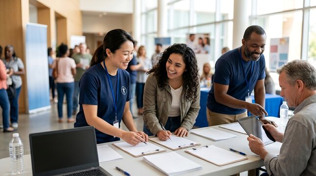 Diverse group of people at a registration table during an event or conference, with staff assisting attendees.