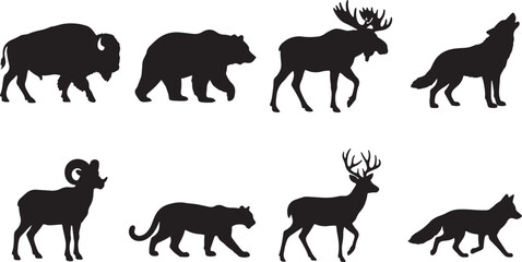 Obraz premium Wildlife Silhouettes Collection: A striking collection of animal silhouettes featuring a bison, bear, moose, wolf, ram, big cat, deer, and fox, showcasing the diversity of wildlife.
