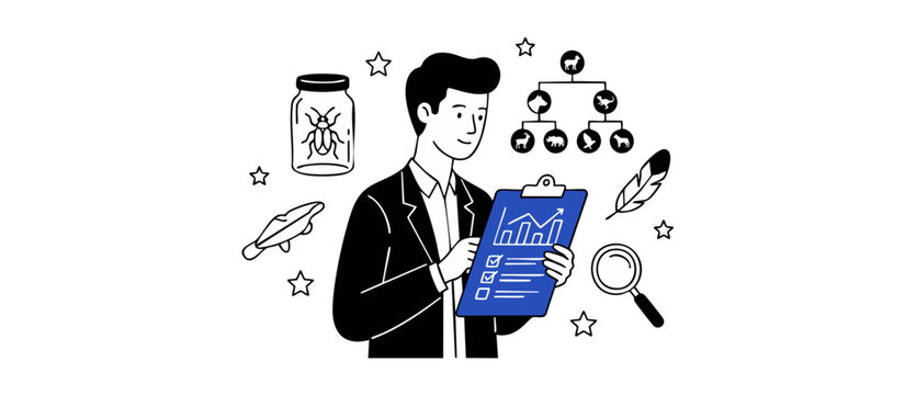 Zoologist scientist analyzing animal taxonomy data with clipboard and specimen icons, flat vector illustration representing biology research, education, wildlife classification, and scientific analysi