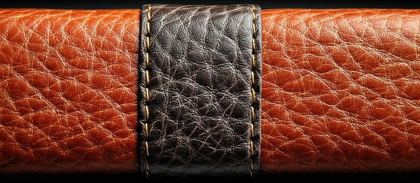Close-up of rich textured leather, stitched with contrast thread; dark brown accent band