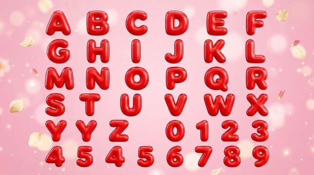 Cute red bubble alphabet font on pink background with petals