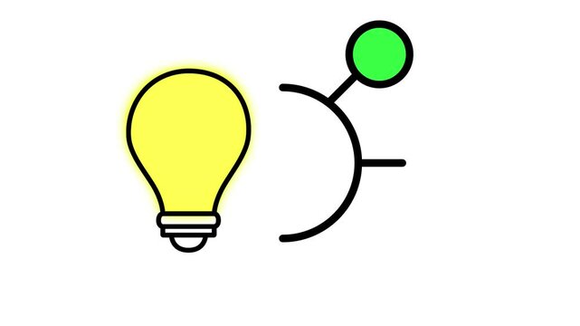 Glowing yellow lightbulb animation with colorful side nodes branching out on a white background. Great for brainstorming, innovation, and mindmap concepts.