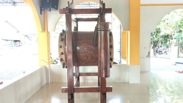 vintage drum gong bedug with genuine leather seen from the side in the mosque