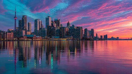 Obraz premium Stunning toronto skyline featuring the iconic cn tower reflected in calm water during a vibrant purple and orange sunset sky
