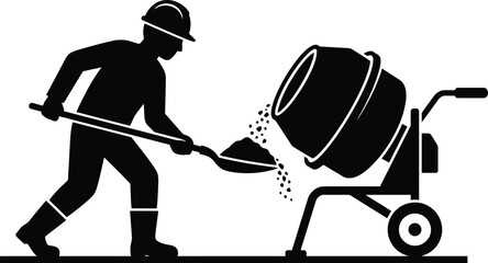 Construction worker using a shovel to load a concrete mixer © RubinaIslam