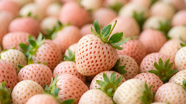 Fresh pineberries or white strawberries with red seeds and green leaves close up.