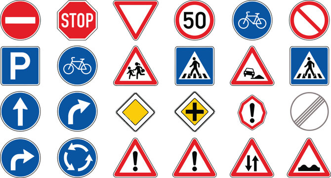 Set of various road signs including stop, parking, speed limit, pedestrian crossing and warning signs