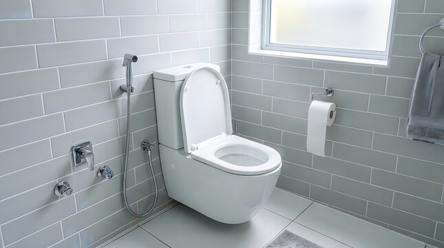 Modern white toilet bowl with bidet sprayer in a bathroom with grey subway tiles.