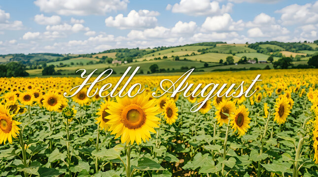 Sunflowers field landscape with Hello August text overlay under blue sky.