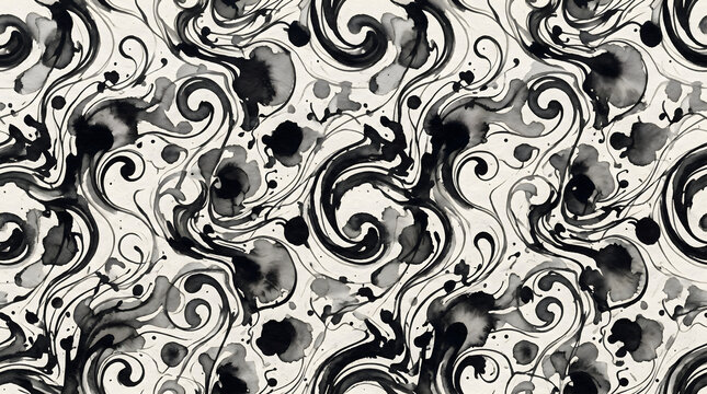 Abstract black ink swirls and splatters seamless pattern