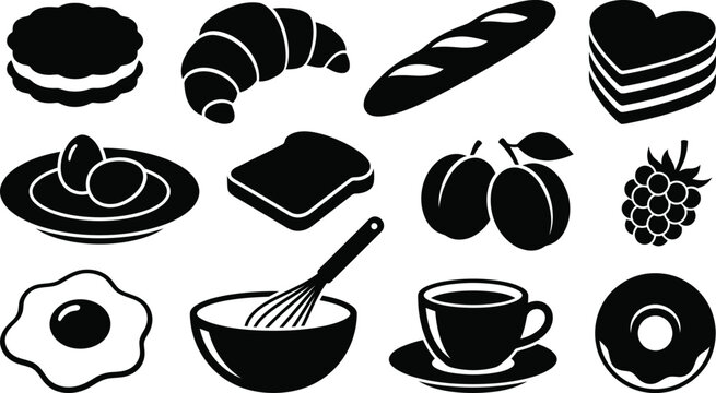 Set of breakfast food icons including bakery, eggs, fruit, and coffee cup