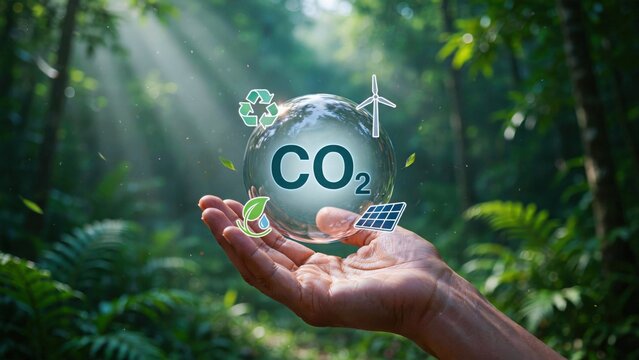 Human hand holding glass orb with carbon dioxide formula and green eco energy icons in forest scene.