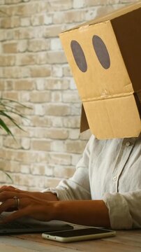 Modern worker wearing a cardboard box on her head while typing on a laptop computer at a wooden desk, symbolizing anonymity, artificial intelligence, and corporate employee dehumanization