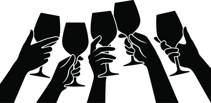 Silhouette of hands holding wine glasses for a toast