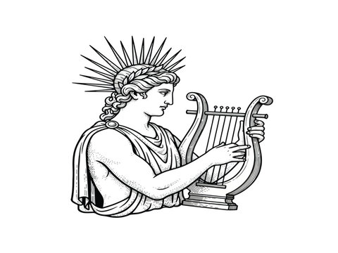 Ancient greek muse playing lyre with sunburst headpiece in elegant drapery