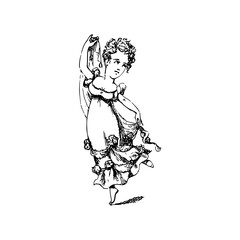 Obraz premium Dancing angel cherub with wings and flowing fabric, vintage illustration drawing, whimsical and playful art for decorative purposes, historical artwork detail with soft curls and expressive face.