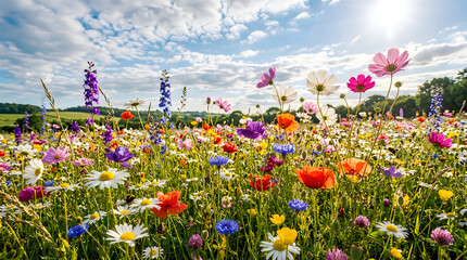Obraz premium Vibrant field of diverse wildflowers blooming under a sunny blue sky in a rural landscape.