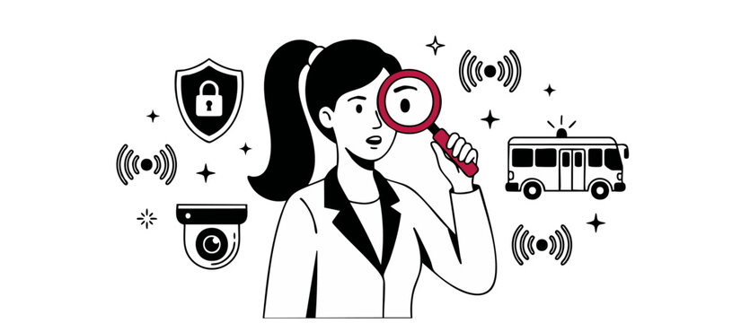 Woman security inspector magnifying glass analyzing private data protection systems, public transit safety and CCTV camera monitoring icons vector illustration for cyber safety and audit concepts