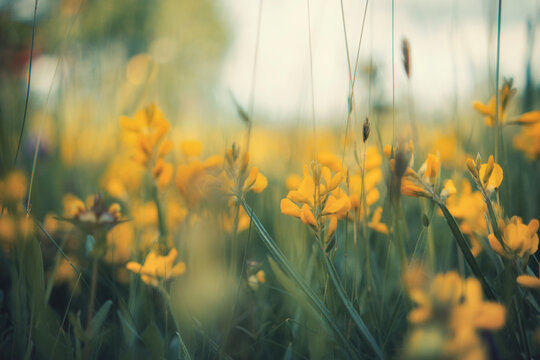 Close-up of yellow wild flowers blooming in a green meadow with a beautiful bokeh blur effect. Cinematic vintage toned nature background, sunny summer or springtime concept.