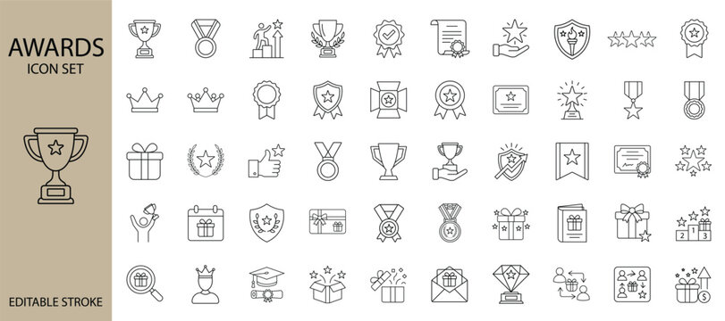 Awards Editable Stroke Icon Set. Trophy, Medal, Badge, Certificate, Achievement, Winner, Reward and Recognition Thin Line Vector Icons
