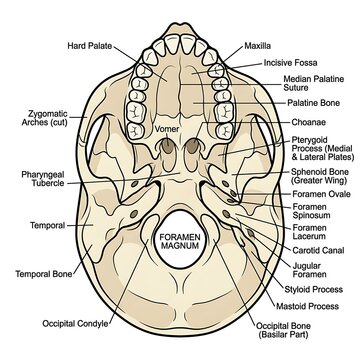 Detailed anatomical diagram of human skull bones.