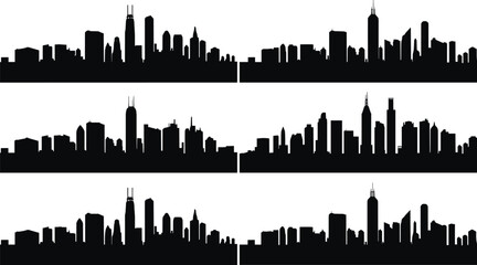 Naklejka premium Urban City Skyline Silhouette Collection Modern Downtown Architecture and Metropolitan Vector Bundle Set