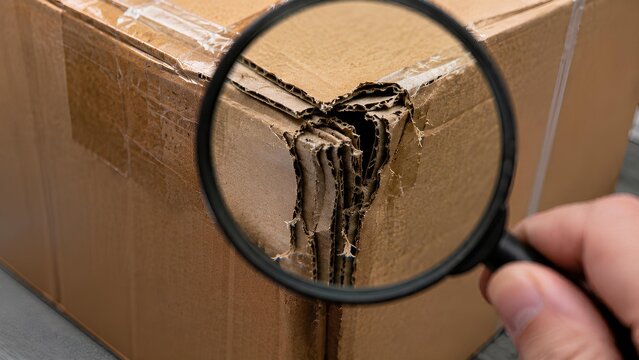 Damaged box corner examined closely, claim decision moment, macro texture