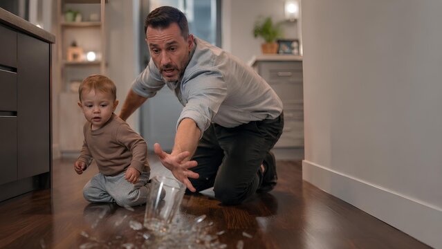 Parent catching falling glass near child, reflex save moment, motion blur