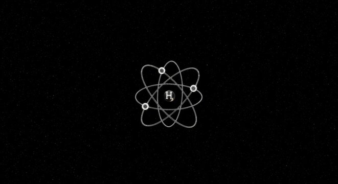 Minimalist Atomic Hydrogen Symbol Illustration on Dark Background With Orbital Paths