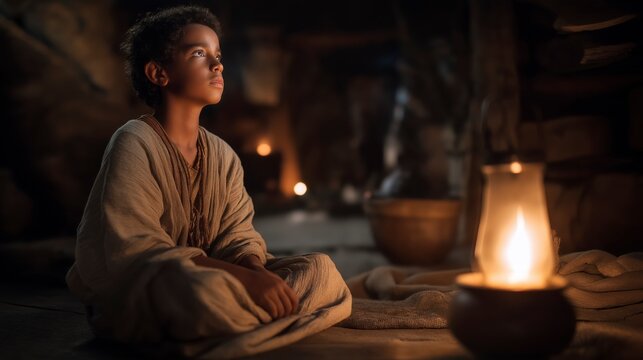Young Samuel rises from his resting place in the quiet sanctuary at night, responding to God&rsquo;s call with a willing heart and beginning a journey of faithful service and prophetic purpose.
